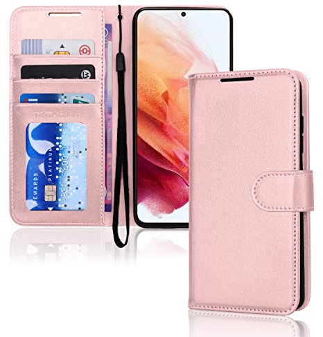 TECHGEAR Galaxy S23 Leather Wallet Case, Flip Protective Case Cover with Wallet Card Holder, Stand and Wrist Strap - Pink PU Leather with Magnetic Closure Designed For Samsung Galaxy S23 / S23 5G