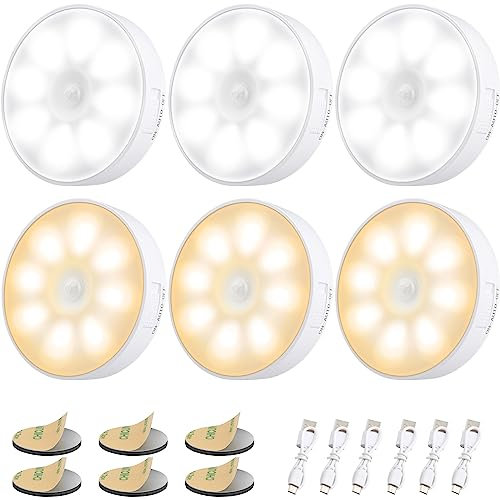 Electight 6 Packs Sensor de Movimiento para Interiores, Luz Nocturna 8 LEDs Recargable por USB, 3 Modos, Adsorción Magnética, para Dormitorio, Armario, Vestíbulo, Escaleras, Blanco/Amarillo Cálido