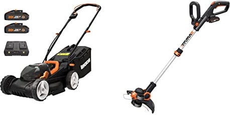 Worx WG779E.1 Tosaerba a Batteria 40V Rasaerba Elettrico da Giardino, Diametro Taglio 34 cm & WG163E.1 Decespugliatore Tagliabordi a Batteria 20V, stelo in Alluminio regolabile