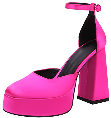 XINXINIO Donna plateau cinturino alla caviglia vestito scarpe tacco grosso décolleté, Fucsia 1, 36 EU