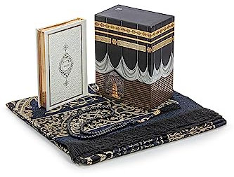 ihvan online Muslimischer Gebetsteppich und Koran mit Gebetsperlen, Kaaba Dekor Box, islamisches Geschenk für Frauen & Männer, Elegantes Islam Set für Ramadan, Eid, Umrah, Geburtstag, Reisen