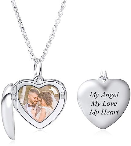 INBLUE Personalisierte 925 Sterling Silber Foto Medaillon Anhänger Halskette Herz Anhänger mit Silber/Gold/Rosegold 3 Farben Optional Schmuck Geschenke für Frauen (Silber)