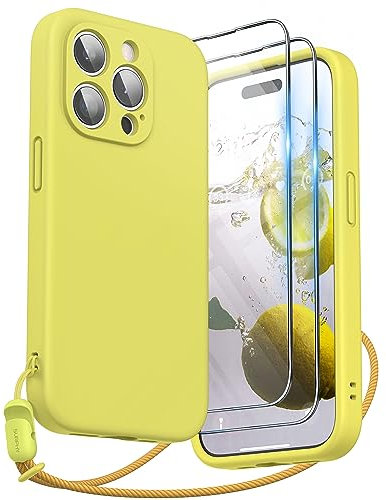 SURPHY Design for iPhone 15 Pro Case, Liquid Silicone Protection for Each Lens [2 x Screen Protectors & 1 x Lanyard] Shockproof Cover for iPhone 15 Pro 6.1 inch 2023, Canary Yellow