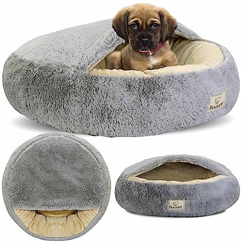 EDANTI Zotteliges Donut Hundebett Katzebett Hundekissen Hundesofa mit Baldachin Rund Hellgrau (50 cm)