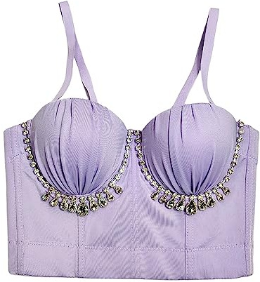 Women'S Bustiers & Corsets,Women Sweet Ruched Crystal Tassels Corset Top Lilac Short Fancy Push Up Bustier Summer Overbust Bustier Corset Boned Body Shaper Lingerie Going Out Party Bodice,S/34B/75