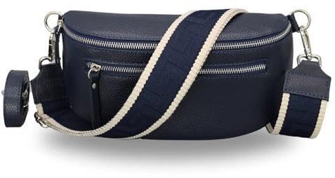 BRISE Bauchtasche Damen Echtes Leder Lucia Handgemachte Umhängetasche Crossbody Bag mit Ledergurt + Optionalen Breiten Gemusterten Riemen 3 Fächer Stylische Hüfttasche Made in Italy (Dunkelblau - 3)