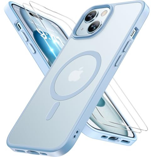 Miracase Magnetic for iPhone 15 Case 6.1 Inch [Compatible with MagSafe] [with 2X Screen Protectors] Military-Grade Protection, Anti-Fingerprint, Slim Phone Cover for iPhone 15 - Light Blue