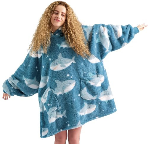 BEDSURE Hoodie Decke mit Ärmeln - Kuschelpullover als Geschenke für Frauen - Kuscheldecke mit Ärmeln Weich Warm Tragbare Decke Weihnachtsgeschenke für Frauen Damen Herren Freundin, Hai Printed 95x85