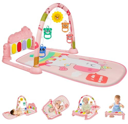 AOMIG Piano-Gym Spieldecke, Krabbeldecke mit Musik und Lichtern, Spielmatte mit Spielbogen abnehmbarem Babyspielzeug, Bauchzeit Activity Decke für Kleinkinder ab der Geburt – Einhorn