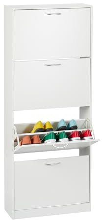 Relaxdays Schuhschrank, HxBxT: 152 x 60 x 24 cm, für 24 Paar, 4 Klappen, schmaler Schuhkipper, Flur Schuhkommode, weiß