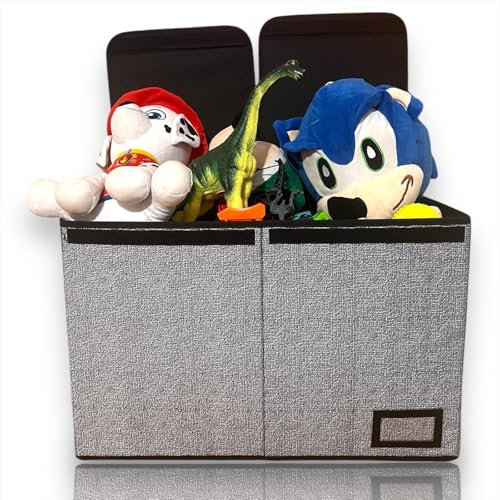 Delroi 1 Large Foldable Collapsible Fabric Storage Box With Lid Cover. Kids Toy Chests & Boxes, Clothes, Home, Nursery, Wardrobe, Room, Office Organiser (Grey with Black Edging). 62.5cm x 33cm x 40cm