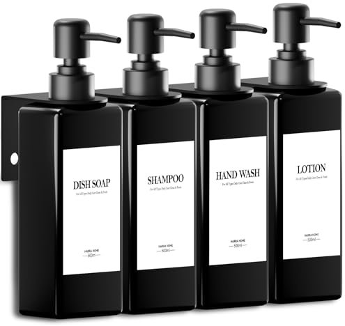4 Pezzi Dispenser Sapone Doccia da Muro, Dispenser Sapone Bagno Senza Foratura 500ml Nero Dispenser Doccia Shampoo e Bagnoschiuma con Imbuto ed Etichette Impermeabili Tridimensionaliper Bagno, Cucina