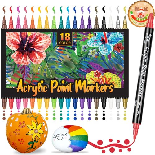AOSUCO Acrylstifte für Steine Wasserfest: 18 Dual Tip Steine zum Bemalen Acrylstifte Wasserfest, Acrylstifte für Holz, Glas, Kunststoff, Muscheln, Holzanhänger Weihnachten, Kinder Acrylic Paint Marker