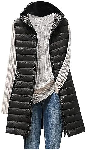AMhomely Women's Long Puffer Gilets Vest Sleeveless Puffy Jacket Hood Body Warmer Sale Clearance Ladies Quilted Waistcoat Zip Vest Lightweigt Down Jacket Padded Gilet Winter Waistcoat Outwear, L