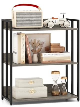 COSTWAY 3/5-Tier Bookshelf, Industrial Corner Storage Bookcase with Adjustable Shelves & Anti-Toppling Device, Home Office Metal Frame DIY Shelving Unit Display Rack (Grey, 70 x 35 x 81cm)
