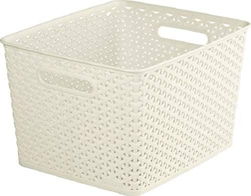 Matangi Plus Rattan Plastic Rectangular Basket Set Of 4 White / Cream 18L Nestable Storage Basket Shelf Tray (35.5cm L x 22cm H x 29.5cm W)