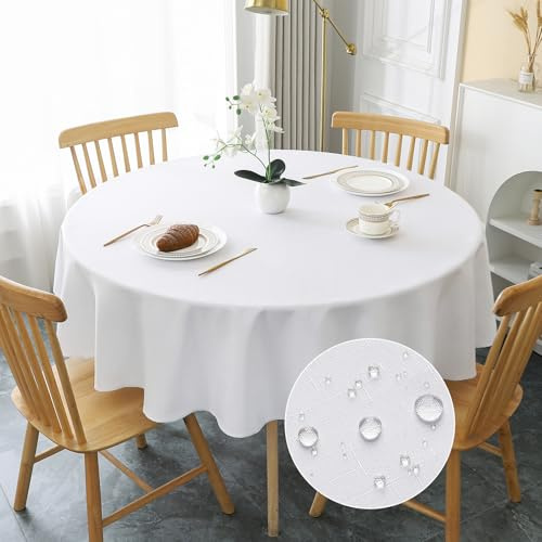 AooHome Tablecloth Round Φ180cm White, Wipe Clean Tablecloths Washable Polyester Faux Linen Tablecloth Water-repellent with Lotus-effect, Durable Scratch Resistant for Dining room, Balcony, Garden
