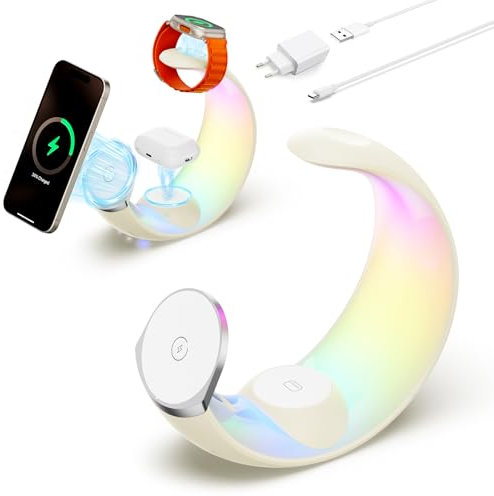 4 in 1 Ladestation für Apple, magnetisches kabelloses Ladegerät für iPhone 16 15 14 13 12 11 9 8 alle Serien mit RGB-Nachtlicht & für Apple Watch Ladegerät & für AirPods 4 mit ANC/3/2/Pro