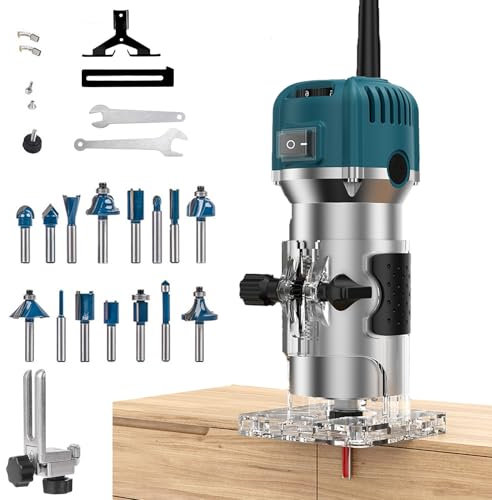Wood Router Trimmer, Electric Hand Trimmer Wood Router,Woodworking Hand Router with Trimmer Base,Handheld Wood Compact Trim Router, Wood Trimmer Cutting with 15 Pieces 1/4 Router Bits Set