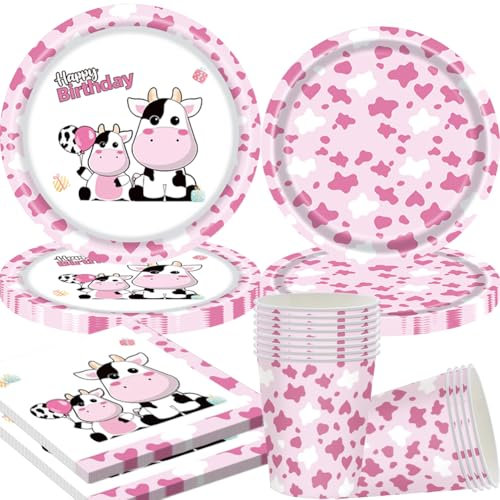 Vaca rosa vajilla fiesta vaca platos servilletas,juego de vajilla de fiesta de granja de vacas lecheras, suministros para fiesta con estampado de vaca,50PCS fiesta temática de animales de granja, para
