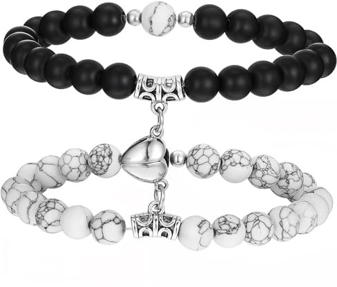JIEYAO 2 Stück Magnetische Pärchen Armband, Naturstein Partnerarmbänder Herzförmige Partner Armbänder Bff Armbänder für Paare Damen Herren Fernbeziehung Armband Freundschaftsarmbänder Geschenke (Weiß)