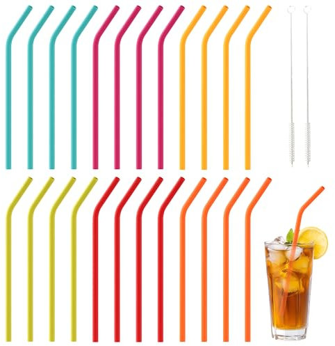 24Stück Silikon Strohhalme, wiederverwendbare Strohhalme, bunte Silikon Strohhalme mit 2 Reinigungsbürsten, BPA-frei, perfekt für Getränke, Milch, Milchtee, Cocktails