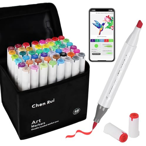 Chen Rui 48 Farben Alkohol Marker Pinselspitze mit App Alcohol Marker | Doppelspitze | Mischbar | Ungiftig | Alkoholbasis | Farbcode | Alkoholmarker for Malen, Skizzieren, Manga und Zeichnen