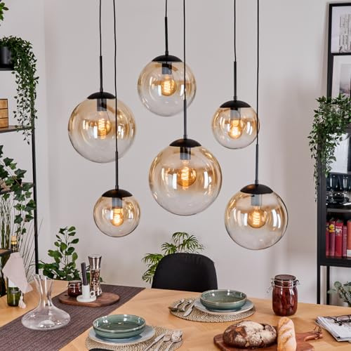 HOFSTEIN Hängeleuchte Gastor, 6-flammige Hängelampe aus Metall/Glas in Schwarz/Bernstein/Klar, moderne Pendelleuchte im Retro/Vintage-Design (Schirme Ø 20; 25; 30cm), E27, Esszimmer, Küche, Wohnzimmer