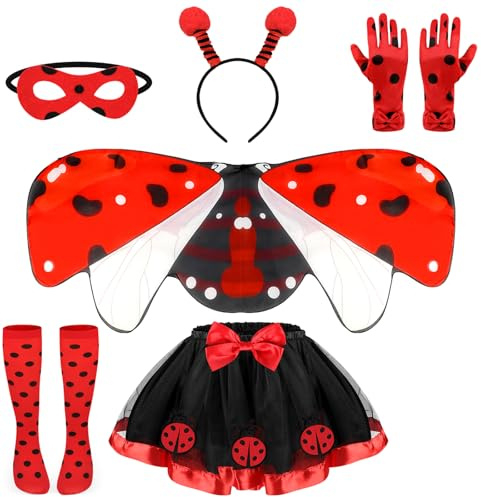 Beipegin 6 Stücke Ladybug Kostüm Mädchen Tüllrock Marienkäfer Flügel Haarreif Maske Handschuhe Socken Marienkäfer Kostüm para Halloween Cosplay Karneval Geburtstag