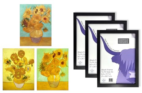 Artery8 Vincent Van Gogh Sunflowers Collection - Set of 3 A4 Sized Wall Art with Black Frames