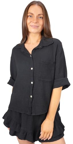 Musselin Bluse Damen aus 100% Baumwolle - kurz, luftig & locker - Frühling, Sommer mit Brusttasche - Celina