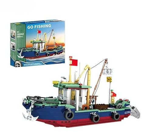 HappyKliXX Fischerboot Klemmbausteine Set | 582 Teile | Bauset Schiff | BAU- & Spielspaß mit Fischen & Boot | Kinder 6 7 8 9 10 Jahre | Kreativität & Lernen Jungen & Mädchen