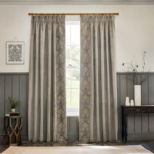 Morris&Co. Strawberry Thief Pencil Pleat Curtain Pair – Iconic Bird & Floral Embroidered Lined Velvet Drapes (Biscuit - 168x137cm)