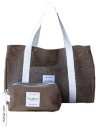 Nelipies Strandtasche mit Reißverschluss XXL I Handtasche Damen I Große Badetasche I Shopper I Familie, Urlaub, Sport I leichte Schwimmtasche Braun
