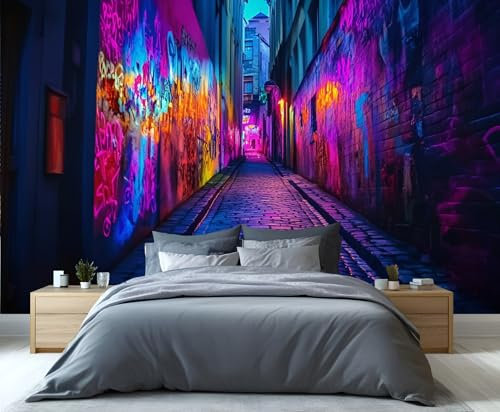 YXQAIED Graffiti Wallpaper, Graffiti Street Wallpaper for Living Room, Neon Wall Hip Hop Retro Custom Wallpapers, Cool Neon 3D Wall Murals for Bedroom, 260x175cm (Not Peel and Stick)