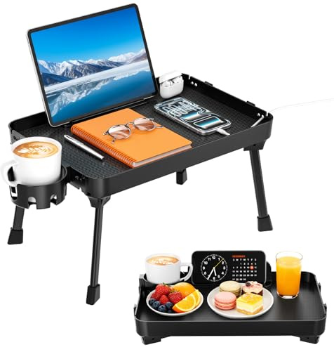 KDD Tavolino da Letto con Gambe Pieghevoli, Vassoio da Colazione con Portabicchieri Rimovibile & Supporto Telefono/Tablet, Vassoio Pieghevole per Letto, Divano, Scrivania per Laptop