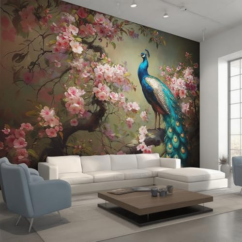Generisch Tapete Pfau, Rosa Blumen Pfau Fototapete Wohnzimmer Schlafzimmer Tapeten, Vliestapete Wandtapete, Mustertapete Wanddeko 250x175 cm (B x H) Y&W26