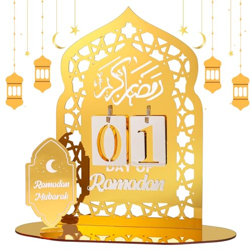 DPKOW Goldener Ramadan Kalender 2026 aus Acryl, 30 Tage Countdown Adventskalender Ramadan Deko Moschee Eid Mubarak Dekoration Islamische Geschenke Eid Mubarak Tischdeko Ramazan Dekor
