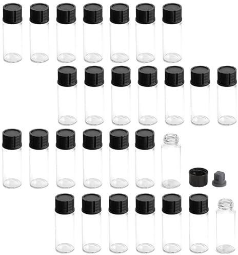 Glasfläschchen 10ml Set 30 Stück Probenröhrchen Mini Glasflaschen Kleine Fläschchen Auslaufsicher Borosilikatglas mit Schraubverschluss Stopfen Etiketten für Proben Flüssigkeit DIY Aufbewahrung