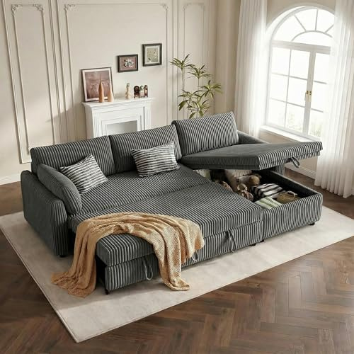 HOMVIMI Corner Sofa Bed Double with Storage, Corduroy L Shaped 3 Seater Sofa, Convertible Pull Out Sectional Couch Bed, Reversible Chaise for Left or Right, Ideal for Lounge, Grey