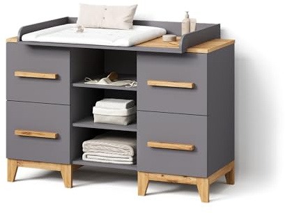 Livinity Wickelkommode Mailo, Grau/Artisan, XL mit 4 Schubladenzur strukturierten Speicherung von Spielen und Wissen