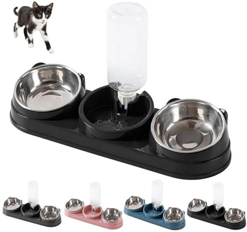 Gamelles triples 3 en 1 pour chat - Gamelle à eau avec bouteille d'eau automatique - Gamelle surélevée pour chat - Gamelle d'eau pour intérieur - Usage quotidien - Lapin, chaton, lapin - Noir