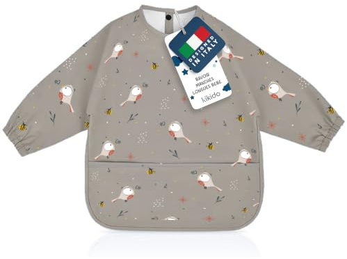 KIKIDO Bavoir à manches longues pour sevrage – Tablier pour gruau imperméable avec poche ramasseur – Matériaux de qualité supérieure, facile à nettoyer et lavable en machine