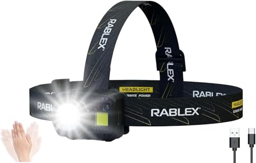 RABLEX RB659 LED-Stirnlampe, 500 Lumen Wiederaufladbare LED Kopflampe mit 7 Lichtmodi, Rotlicht & Sensor USB-Aufladung, IPX6 Wasserdicht Leicht & Kompakt Ideal für Camping, Wandern (1)