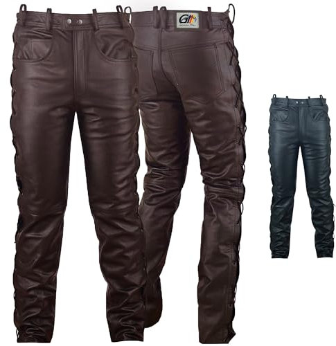 German Wear Lederhose lederjeans bikerjeans Büffelleder seitlich geschnürt Braun, Größe:48/S