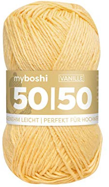 myboshi 50/50-Ganzjahres-Wolle aus Baum- und Merinowolle, für Oberbekleidung geeignet, Mulesing-frei, hochwertiges Häkel-/Strickgarn, 50g, Ll 110m Gelb (Vanille), 1 Knäuel