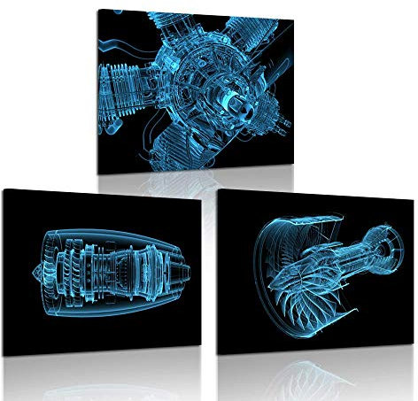 iKNOW FOTO 3-teiliges Leinwandbild, Wanddekoration, Jet Engine 3D Röntgenstrahl, blau, transparent, isoliert auf schwarzem Poster, gerahmte Kunstwerke für Jungenzimmer, 30.5x40.6 cmx3 Stück