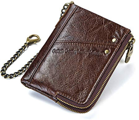 Contacts RFID-echtes Leder-doppelte Reißverschluss-Taschen-Münzen-Geldbörse mit Anti-Diebstahl-Kette (Kaffee)