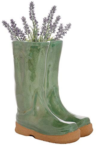 Large Green Ceramic Double Wellington Boot Shaped Indoor Plant Pot Spring Summer Wedding Anniversary Gardening Gift