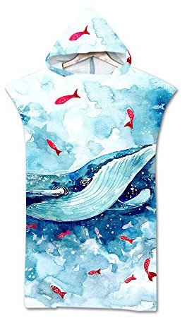 Hiser Poncho Handtuch Erwachsene Surf Poncho mit Kapuze Strandtücher Schwimmen Strand Poncho für Herren Damen Jugendliche - Tierdruck Mikrofaser Badeponcho Badetuch (75x110cm,Wal)